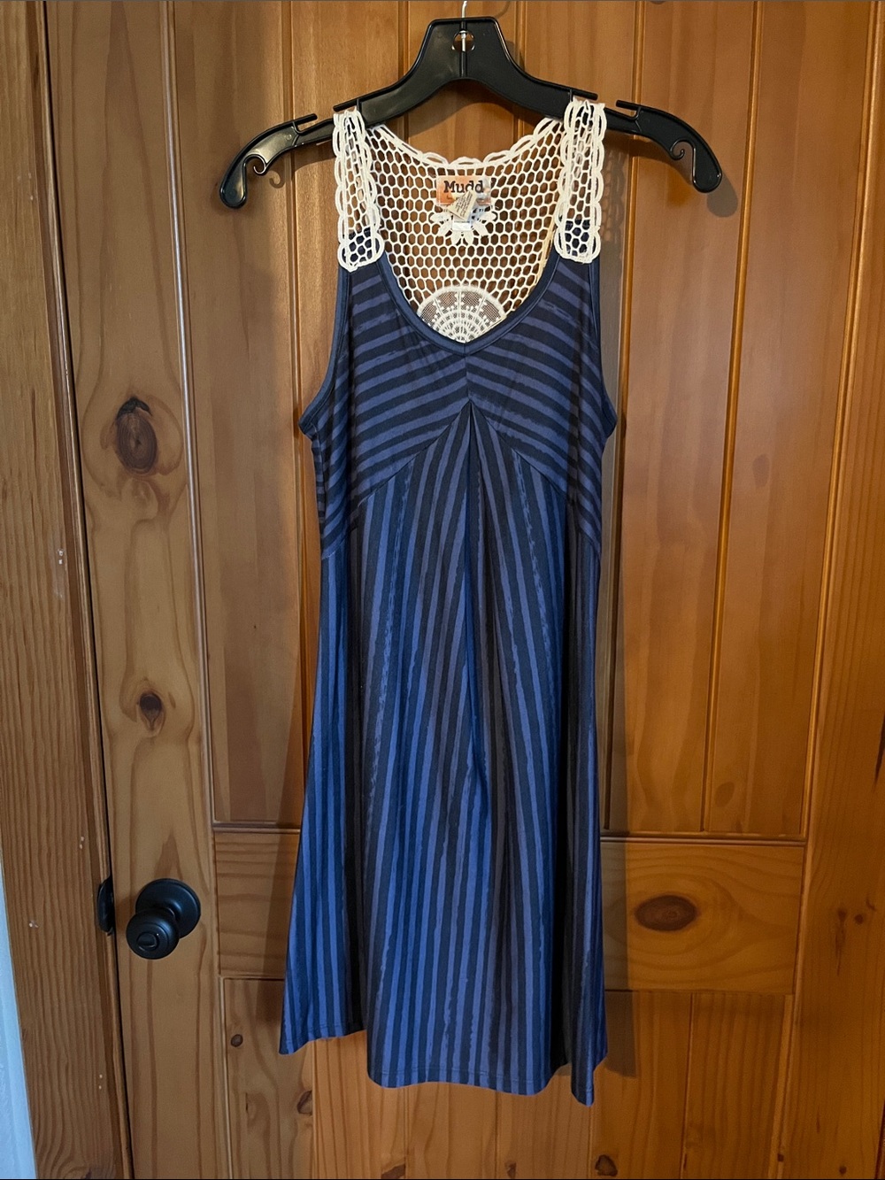 Mudd Navy Blue and Black Striped Tank Dress with Crochet Yoke